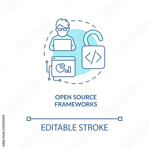 Open source frameworks turquoise concept icon. Web industry transformation abstract idea thin line illustration. Isolated outline drawing. Editable stroke. Arial, Myriad Pro-Bold fonts used