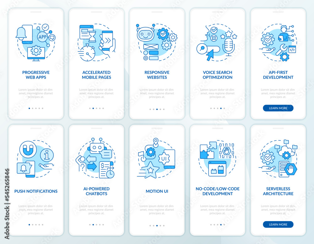 Web development trends blue onboarding mobile app screen set. Walkthrough 5 steps editable graphic instructions with linear concepts. UI, UX, GUI template. Myriad Pro-Bold, Regular fonts used