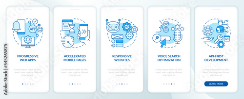 Digital development tendency blue onboarding mobile app screen. Walkthrough 5 steps editable graphic instructions with linear concepts. UI, UX, GUI template. Myriad Pro-Bold, Regular fonts used