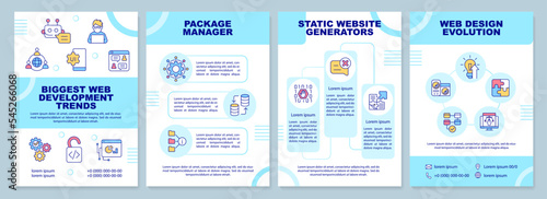 Biggest web development trends blue brochure template. Leaflet design with linear icons. Editable 4 vector layouts for presentation, annual reports. Arial-Black, Myriad Pro-Regular fonts used