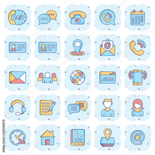 Contact icon set in comic style. Phone communication cartoon vector illustration on white isolated background. Website equipment splash effect business concept.