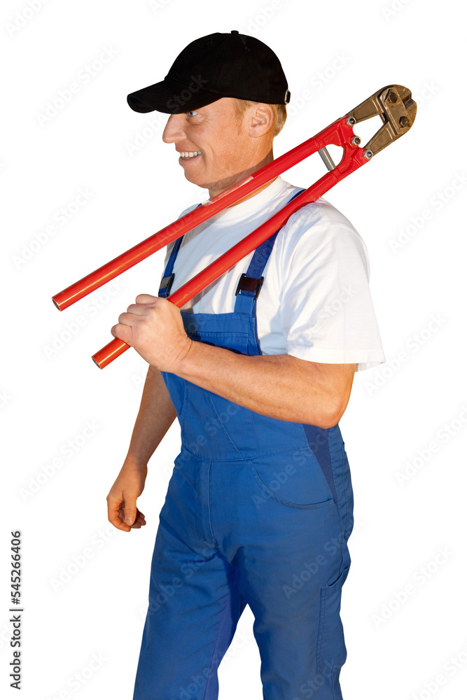 Craftsman series: sympathetic craftsman holding a large bolt cutter. Craftsman series: sympathetic craftsman holding a large bolt cutter.