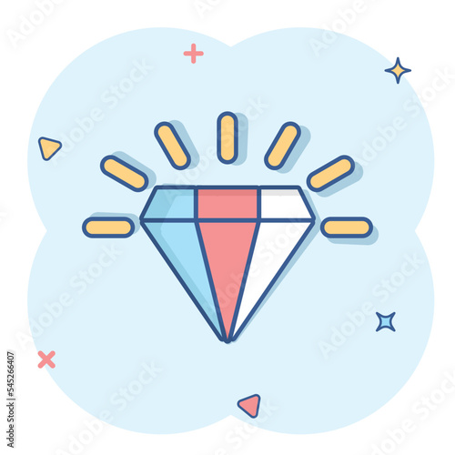 Diamond gem icon in comic style. Gemstone cartoon vector illustration on white isolated background. Jewelry brilliant splash effect business concept.