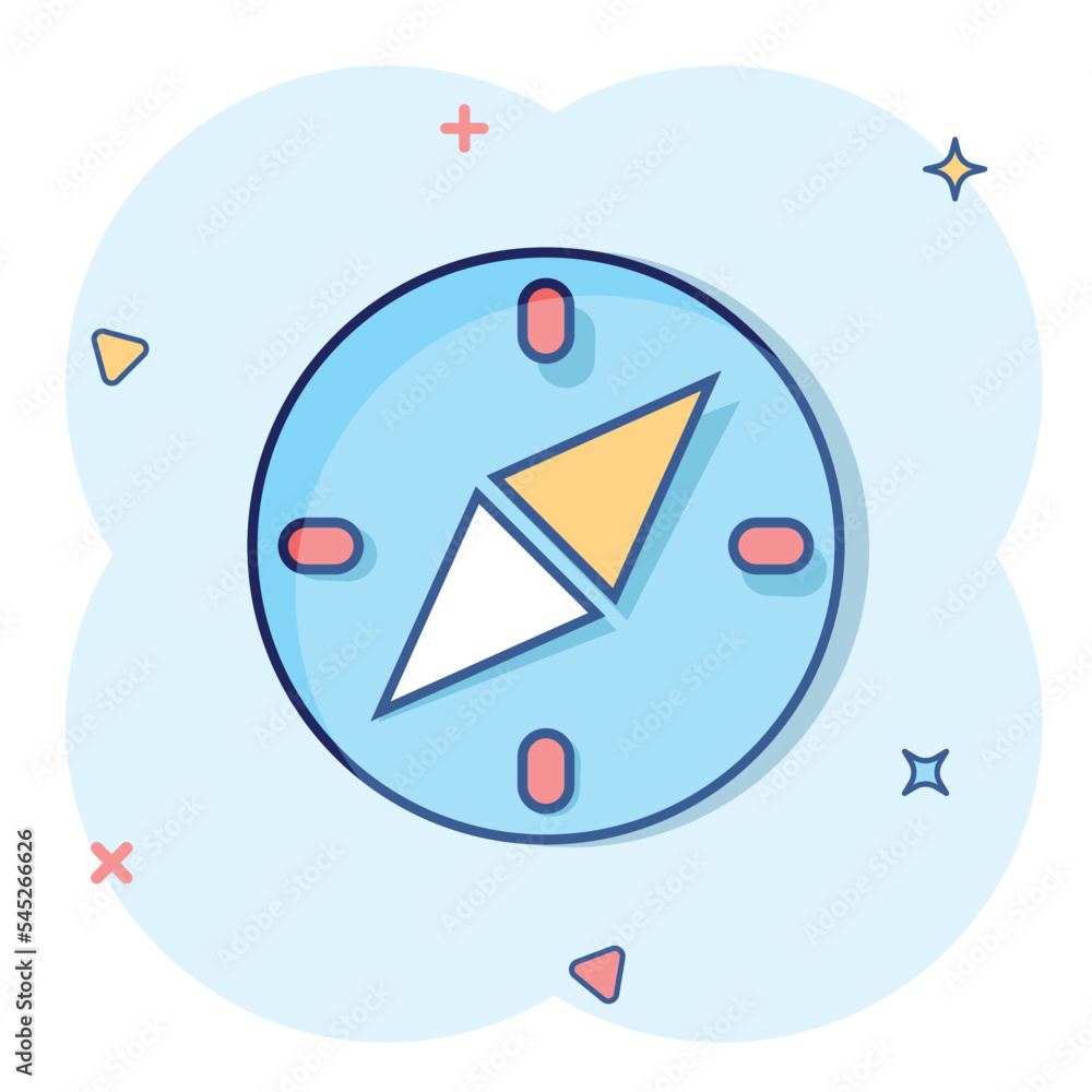 Compass icon in comic style. Navigation equipment cartoon vector illustration on white isolated background. Journey direction splash effect business concept. Compass icon in comic style. Navigation equipment cartoon vector illustration on white isolated background. Journey direction splash effect business concept.