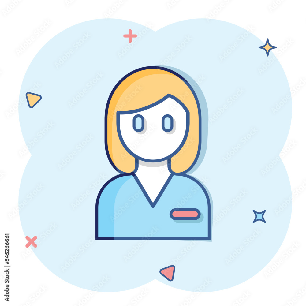 Woman face icon in comic style. People cartoon vector illustration on white background. Partnership splash effect business concept.