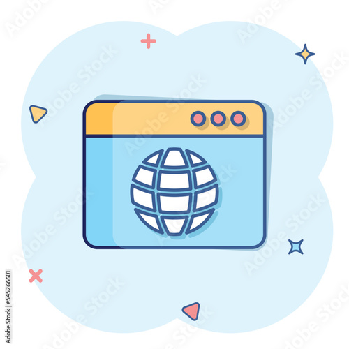 Website domain icon in comic style. Global internet address cartoon vector illustration on white isolated background. Server splash effect business concept.