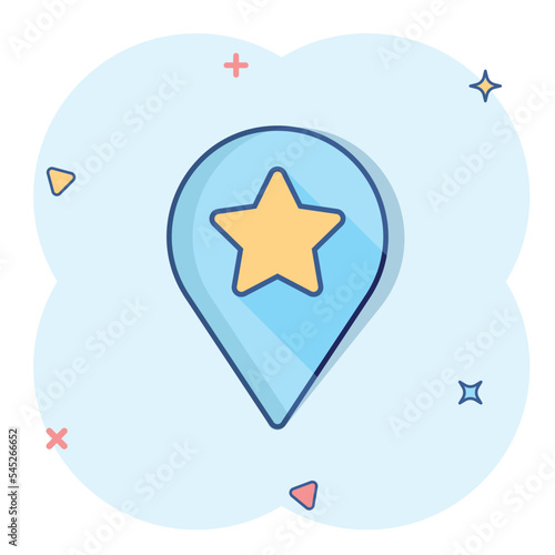 Map pin icon in comic style. GPS navigation cartoon vector illustration on white isolated background. Locate position splash effect business concept.