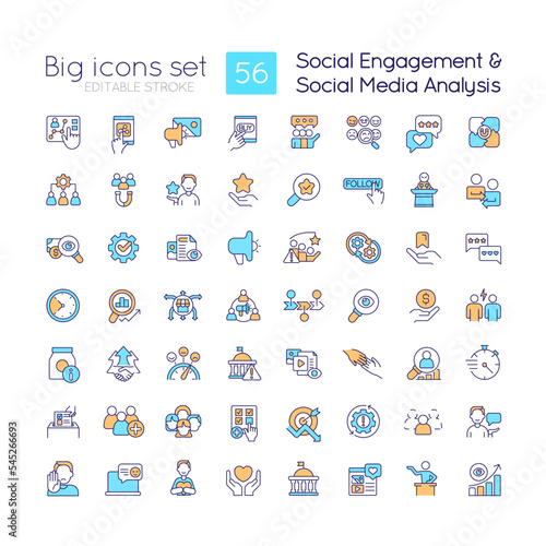 Social engagement RGB color icons set. Users involvement. Social media analysis. Isolated vector illustrations. Simple filled line drawings collection. Editable stroke. Quicksand-Light font used