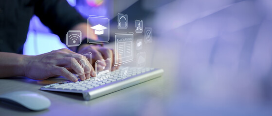 Concept of Online education. man use Online education training and e-learning webinar on internet for personal development and professional qualifications. Digital courses to develop new skills.