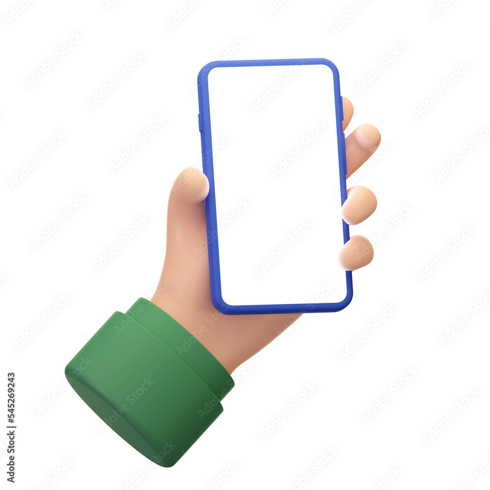 3D Cartoon hand holding smartphone with empty screen isolated on transparent background, Hand using mobile phone mockup. 3d render illustration