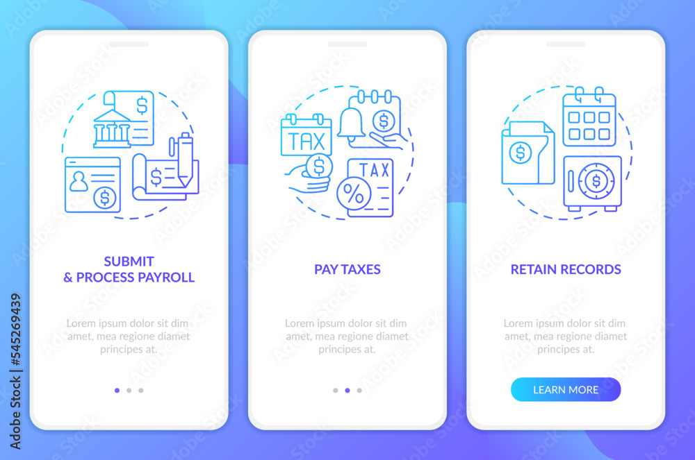 Stages of payroll processing blue gradient onboarding mobile app screen ...