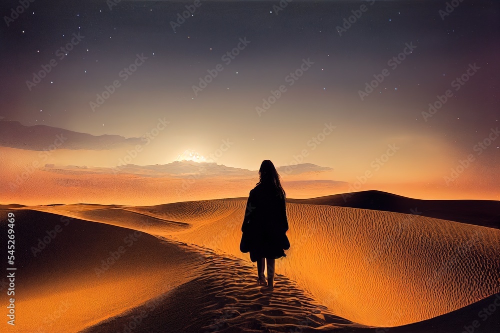 portrait of a woman with lantern walking on sand dunes at night