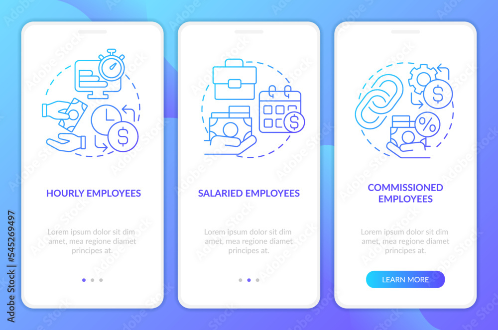 Payroll processing methods blue gradient onboarding mobile app screen. Wage walkthrough 3 steps graphic instructions with linear concepts. UI, UX, GUI template. Myriad Pro-Bold, Regular fonts used