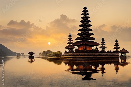 Pura Ulun Danu Bratan, hinduska świątynia z łodzią na Bratan jeziora krajobrazie przy wschodem słońca w Bali, Indonezja.