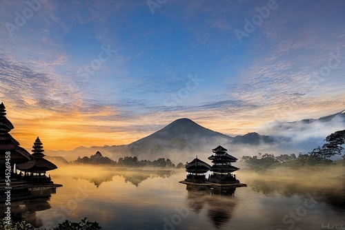 Pura Ulun Danu Bratan at sunrise, famous temple on the lake, Bedugul, Bali, Indonesia.