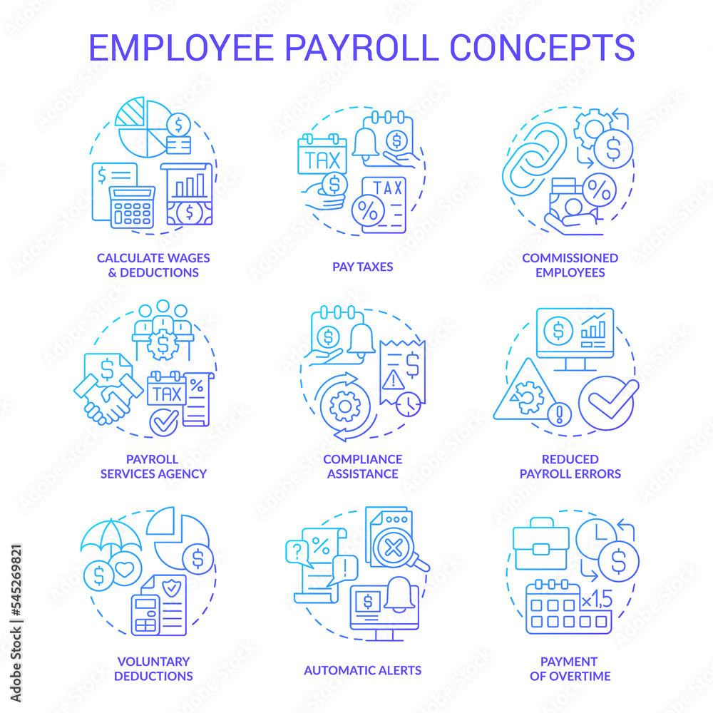 Employee payroll blue gradient concept icons set. Worker salary for job. Compensation idea thin line color illustrations. Isolated symbols. Roboto-Medium, Myriad Pro-Bold fonts used