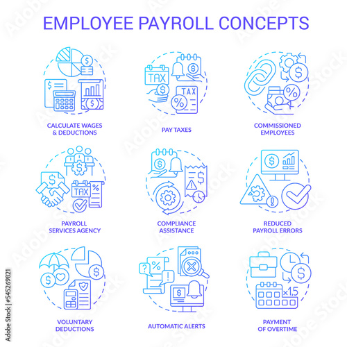 Employee payroll blue gradient concept icons set. Worker salary for job. Compensation idea thin line color illustrations. Isolated symbols. Roboto-Medium, Myriad Pro-Bold fonts used