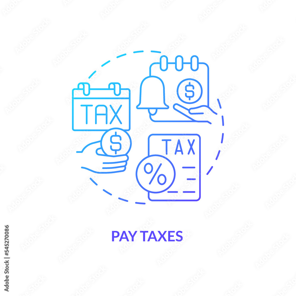 Pay taxes blue gradient concept icon. Quarter end payments control. Payroll processing step abstract idea thin line illustration. Isolated outline drawing. Myriad Pro-Bold font used Pay taxes blue gradient concept icon. Quarter end payments control. Payroll processing step abstract idea thin line illustration. Isolated outline drawing. Myriad Pro-Bold font used