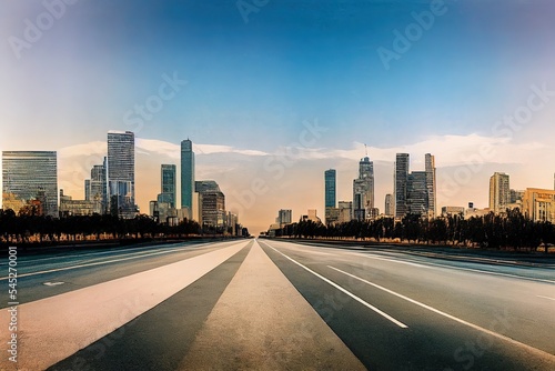 Panoramic skyline and buildings with empty road © MUNUGet Ewa