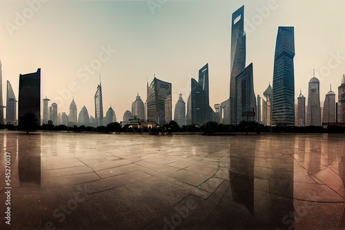 panoramic skyline of shanghai with empty street floor