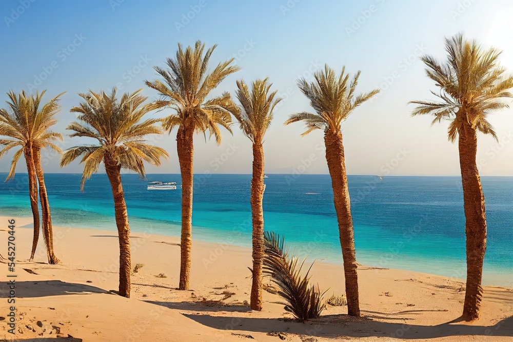 Sunny resort beach with palm tree at the coast shore of Red Sea in Sharm el Sheikh, Sinai, Egypt, Asia in summer hot. Bright sunny light Sunny resort beach with palm tree at the coast shore of Red Sea in Sharm el Sheikh, Sinai, Egypt, Asia in summer hot. Bright sunny light