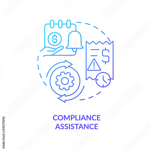 Compliance assistance blue gradient concept icon. Business support. Payroll management software benefit abstract idea thin line illustration. Isolated outline drawing. Myriad Pro-Bold font used