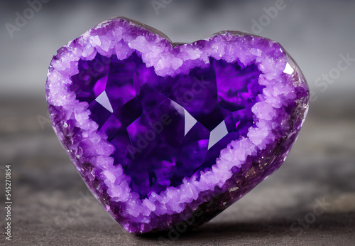 Фотография Heart shaped amethyst crystal geode close up on gray background
