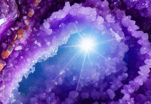 Vászonkép Amethyst crystal geode with sunburst against a blue sky