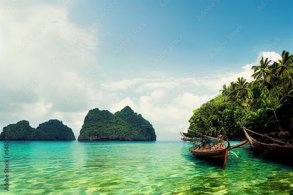 Obraz premium Traditional longtail boats near tropical island