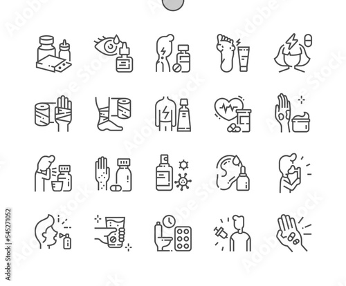 Treatment of diseases. Health care, medical and medicine. Syrup, eye drops, hand bandage and antiviral drug. Pixel Perfect Vector Thin Line Icons. Simple Minimal Pictogram