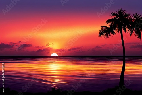Tropikalny zachód słońca z palmą panorama sylwetka