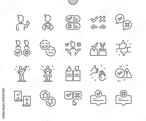 Do and Dont. Check mark. Thumb up and thumb down. Tick and cross. Like and dislike. Pixel Perfect Vector Thin Line Icons. Simple Minimal Pictogram