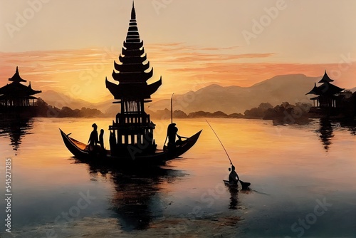 young beauty paddling in fishing boat at sunrise with balinese temple in the back