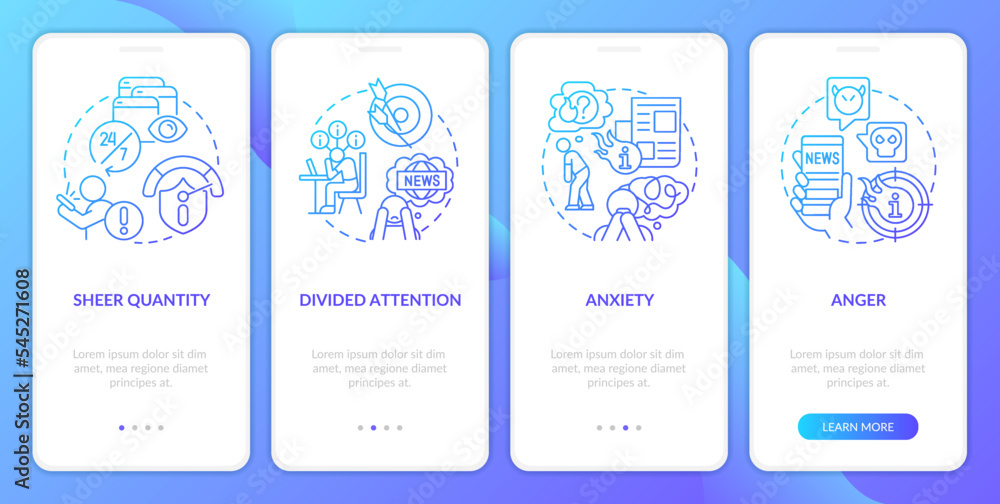 Absorb too much news blue gradient onboarding mobile app screen. Walkthrough 4 steps graphic instructions with linear concepts. UI, UX, GUI template. Myriad Pro-Bold, Regular fonts used