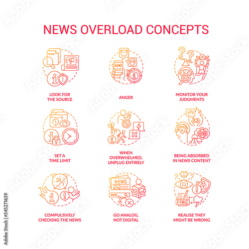 News overload red gradient concept icons set. Negative content. Media fatigue. Infoxication problems idea thin line color illustrations. Isolated symbols. Roboto-Medium, Myriad Pro-Bold fonts used