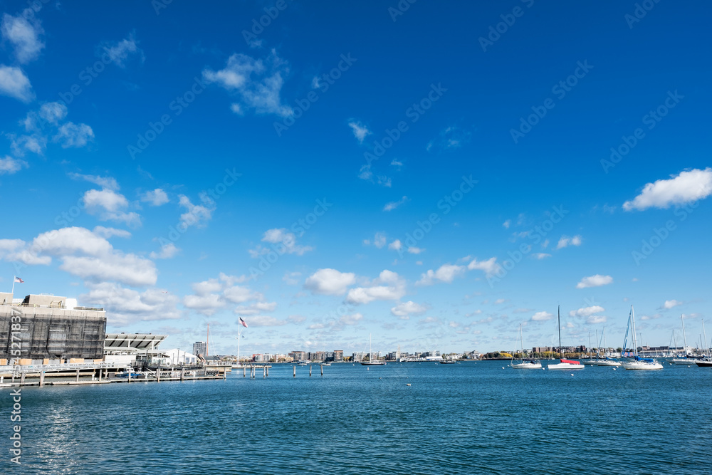 view of port of the city of boston harbor seaport old town water river lake road cityscape tourism travel discover adventure urban exploration ship sky panoramic