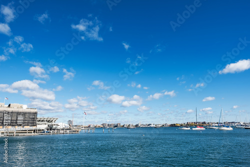 view of port of the city of boston harbor seaport old town water river lake road cityscape tourism travel discover adventure urban exploration ship sky panoramic © MG
