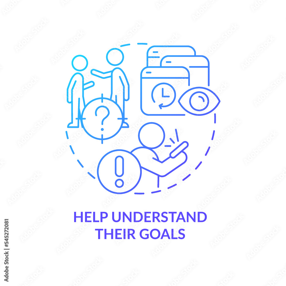 Understand goals blue gradient concept icon. Content overload. Reduce teen anxiety from doomscrolling abstract idea thin line illustration. Isolated outline drawing. Myriad Pro-Bold font used Understand goals blue gradient concept icon. Content overload. Reduce teen anxiety from doomscrolling abstract idea thin line illustration. Isolated outline drawing. Myriad Pro-Bold font used