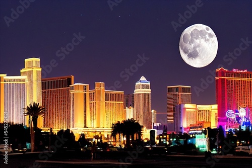 A view of the Las Vegas skyline with a full moon shining down.