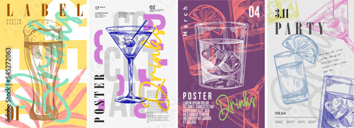 Party poster design. Drinks, Cocktails, Beer. Set of vector illustrations. Typography. Vintage pencil sketch. Engraving style. Labels, cover, t-shirt print, painting.