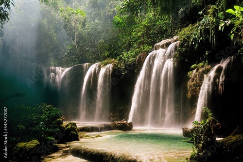 Epic Waterfall Smooth Flowing Water With Emerald Green Pond In Rainforest. Erawan Falls  Thailand.