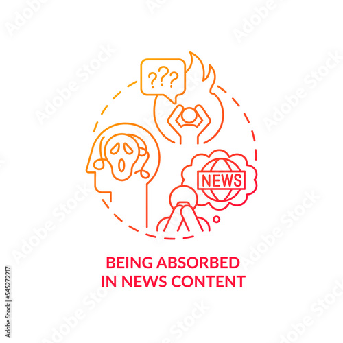 Being absorbed in news content red gradient concept icon. Content anxiety. Negative impact of doomscrolling abstract idea thin line illustration. Isolated outline drawing. Myriad Pro-Bold font used