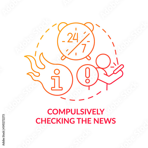 Compulsively checking news red gradient concept icon. Content anxiety. Negative impact of doomscrolling abstract idea thin line illustration. Isolated outline drawing. Myriad Pro-Bold font used