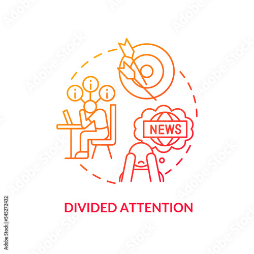 Divided attention red gradient concept icon. Infoxication issue. Media fatigue. Absorb too much information abstract idea thin line illustration. Isolated outline drawing. Myriad Pro-Bold font used