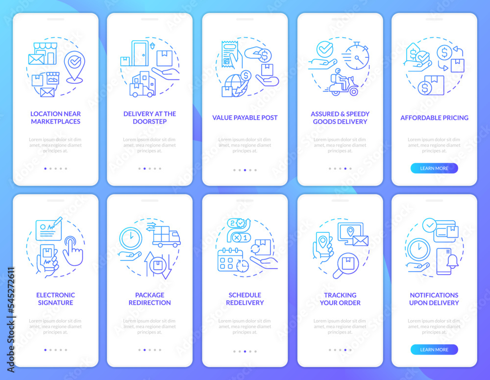 Shipping service blue gradient onboarding mobile app screen. Walkthrough 5 steps graphic instructions with linear blue gradient concepts. UI, UX, GUI template. Myriad Pro-Bold, Regular fonts used