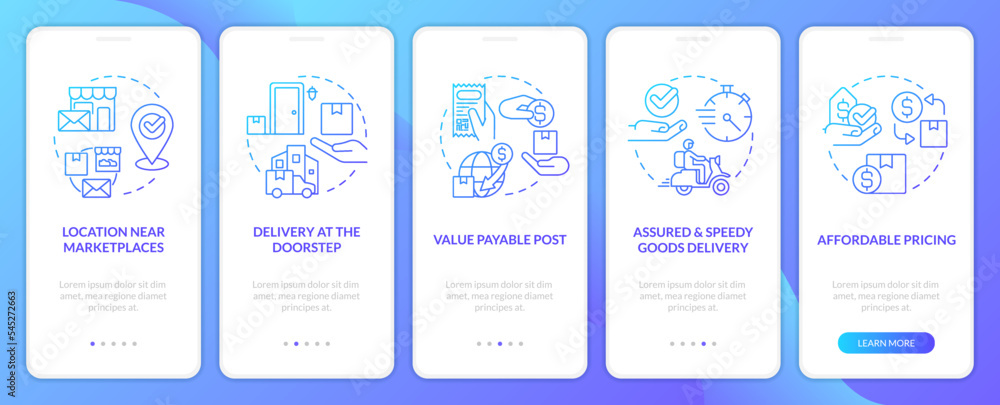 Postal service pros blue gradient onboarding mobile app screen. Walkthrough 5 steps graphic instructions with linear blue gradient concepts. UI, UX, GUI template. Myriad Pro-Bold, Regular fonts used