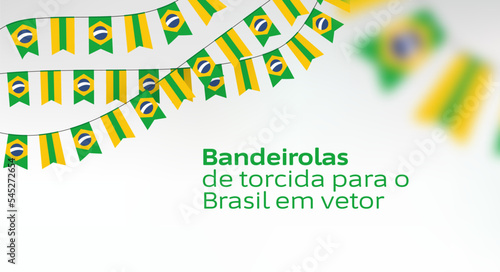 Bandeirolas ou bandeiras do Brasil no varal. Decoração em vetor para torcida da Seleção Brasileira de copa do mundo 2022 de futebol