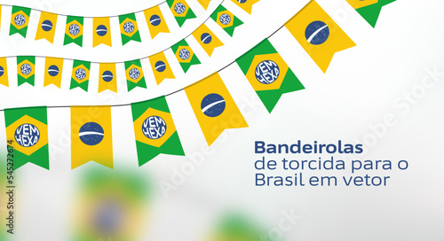 Bandeirolas ou bandeiras do Brasil no varal. Decoração em vetor para torcida da Seleção Brasileira de copa do mundo 2022 de futebol