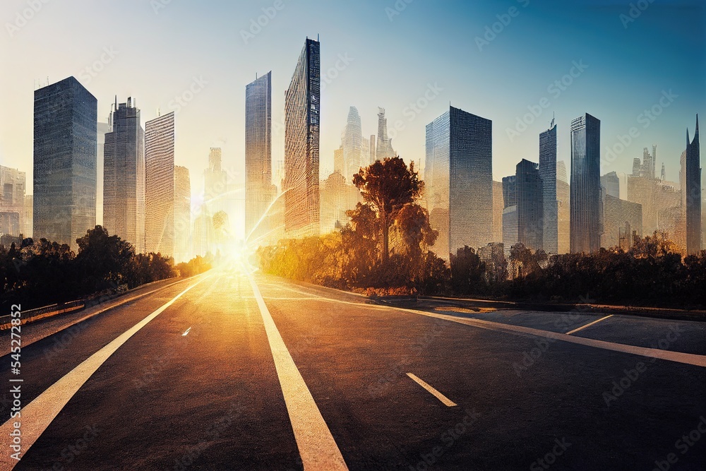 Fototapeta premium asphalt road and skyscrapers under sunbeam
