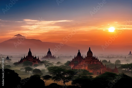 Bagan panorama with temples and hot air ballons during sunrise